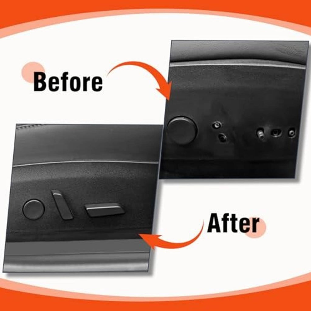 Before-and-after seat switch panel showing black button covers on the dark trim.