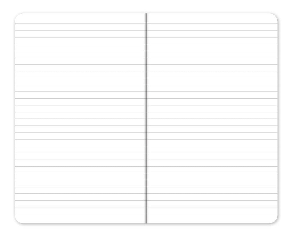 Two-page spread of lined notebook with blank ruled paper and rounded inner edges