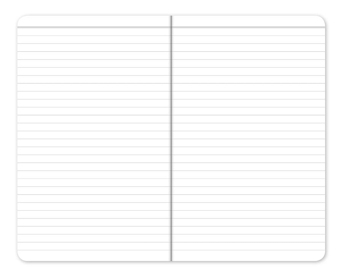 Two-page spread of lined notebook with blank ruled paper and rounded inner edges