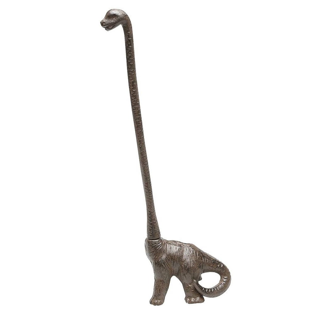 Iron dinosaur paper towel holder base in dark bronze with loop for towel roll