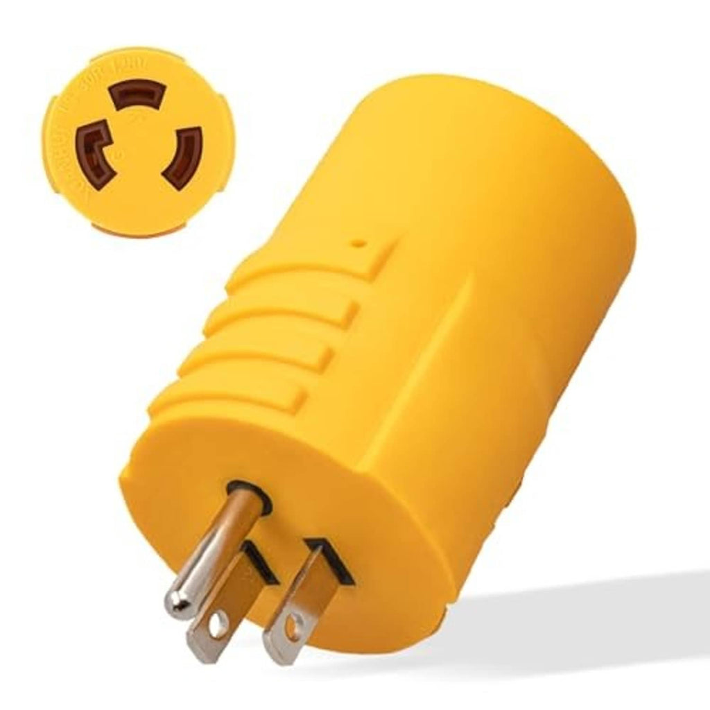 Yellow three-prong twist-lock adapter plug with angled metal blade prongs