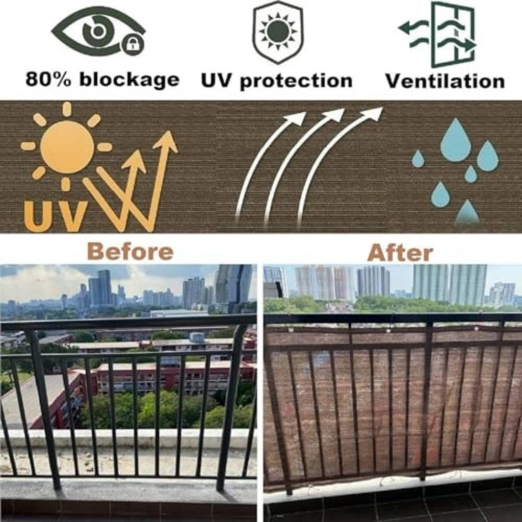 Brown woven privacy screen fabric with ventilated shade texture and grommets
