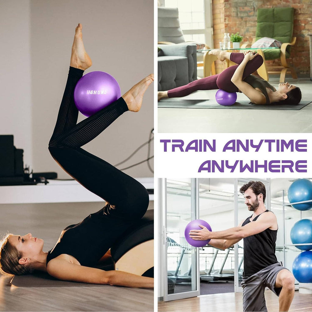 Purple mini exercise ball during Pilates-style workout on floor