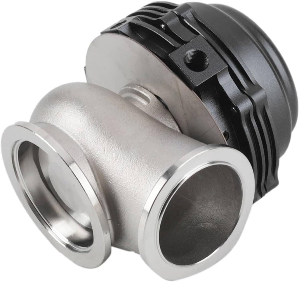 External turbo wastegate with silver inlet flange and black spring assembly, angled