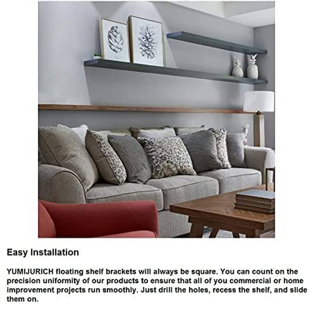 Black floating shelf bracket supports holding a gray wall-mounted ledge shelf
