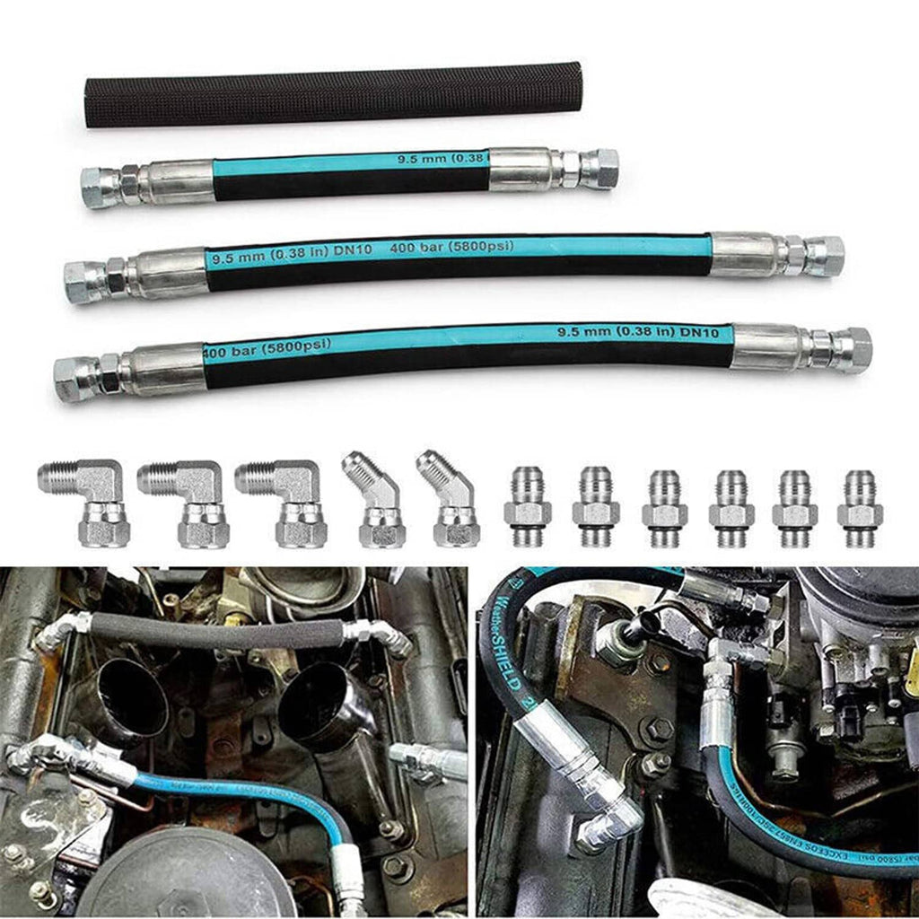 Powerstroke HPOP hose lines set with blue-striped black hoses and metal fittings