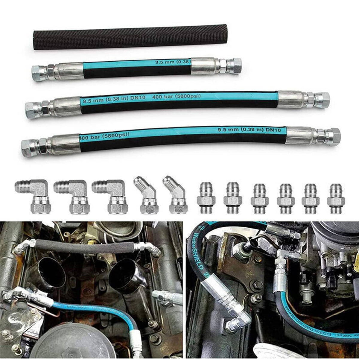 Powerstroke HPOP hose lines set with blue-striped black hoses and metal fittings