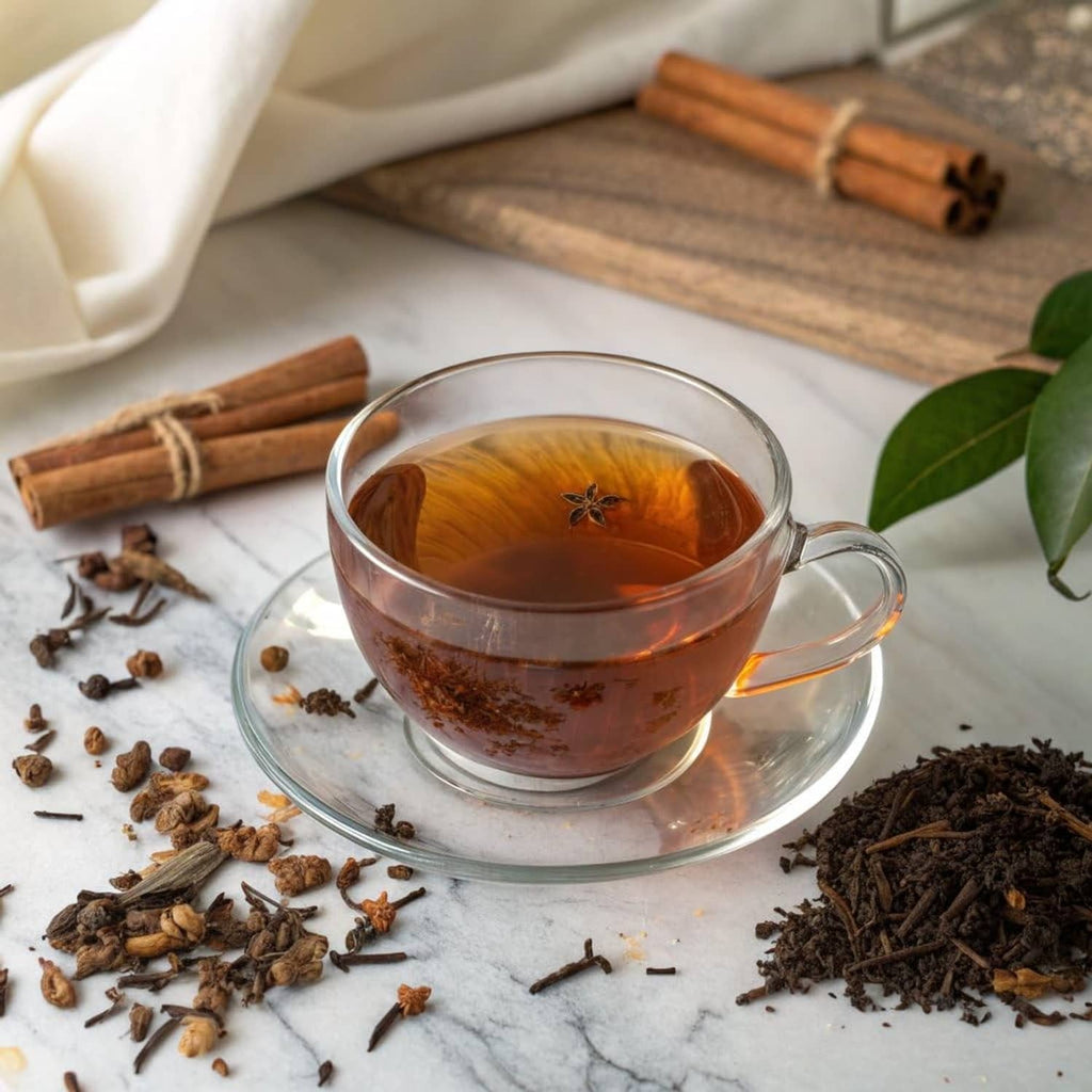 Cup of Queen Catherine black tea with cinnamon-like sticks and tea leaves