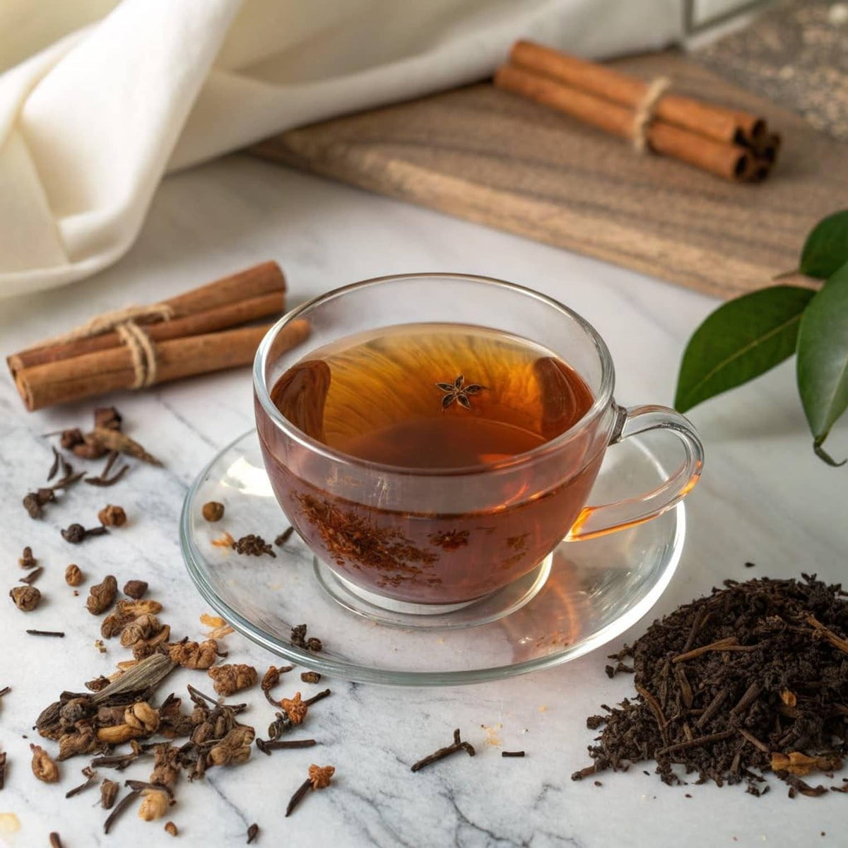 Cup of Queen Catherine black tea with cinnamon-like sticks and tea leaves