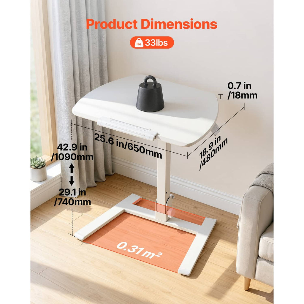 Adjustable standing desk with light rounded tabletop and white height-adjust frame