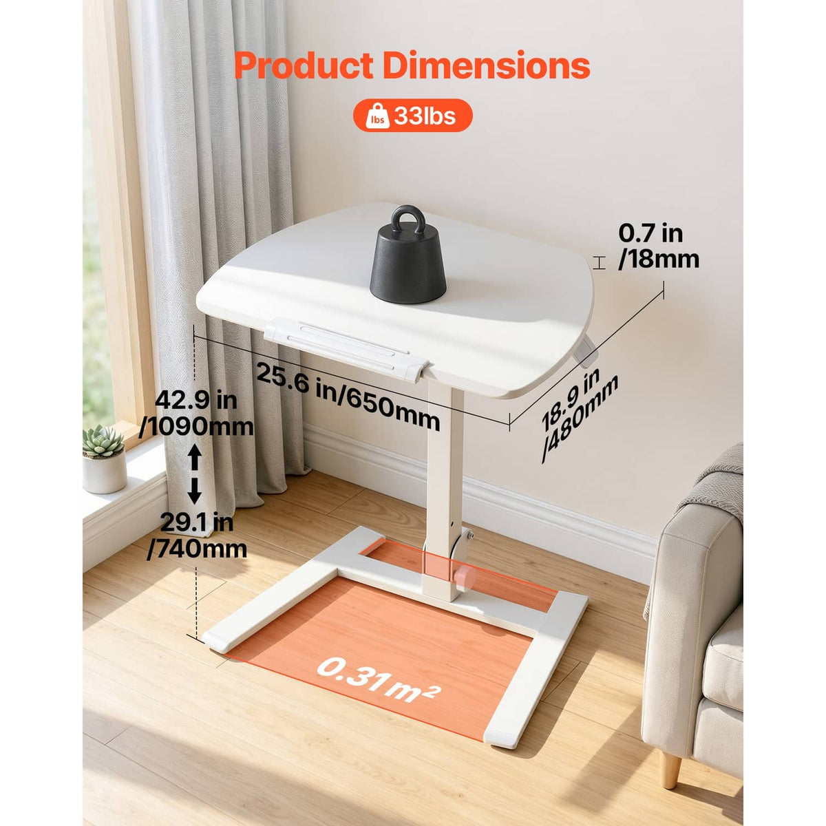 Adjustable standing desk with light rounded tabletop and white height-adjust frame
