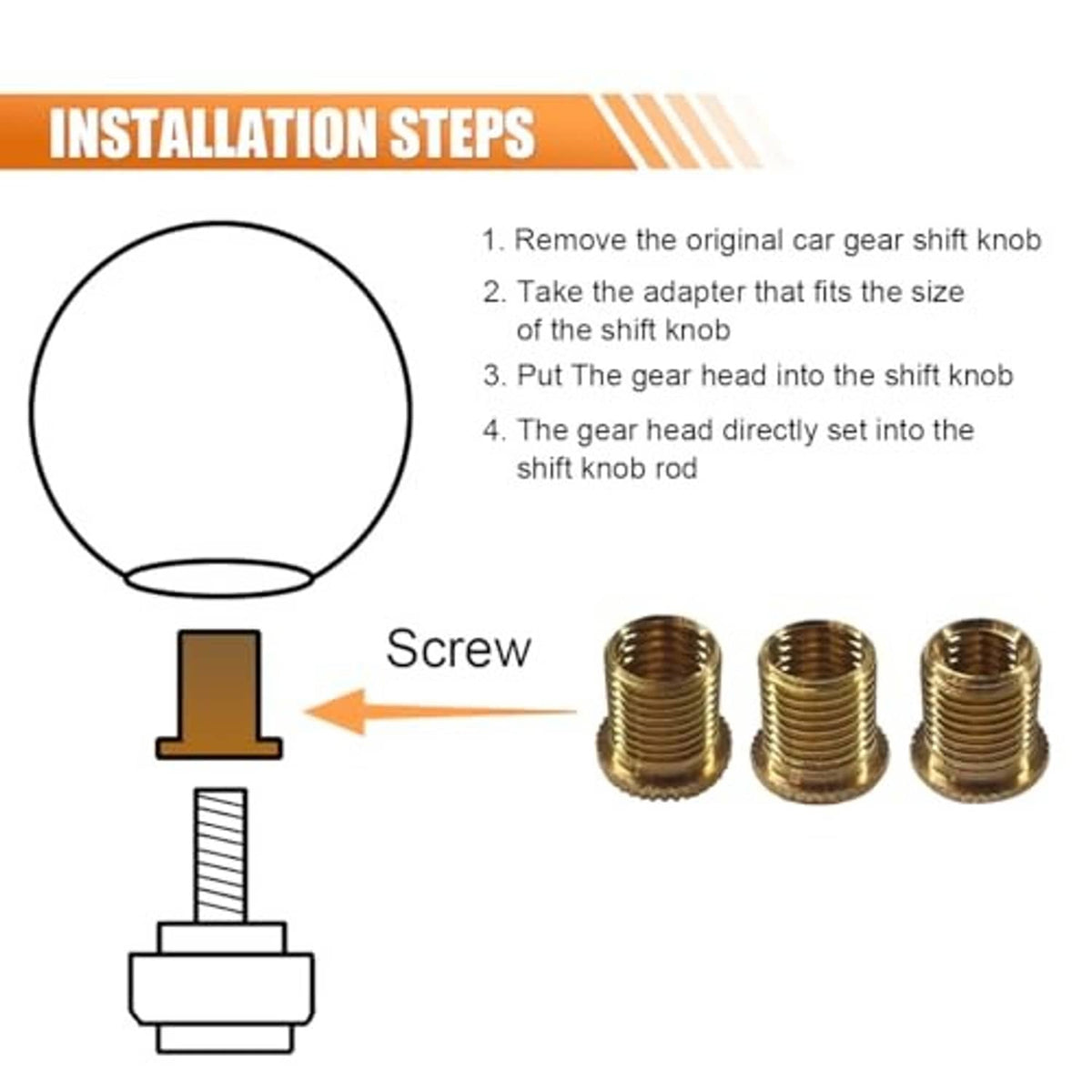 Installation diagram of black 6-speed shift knob with brass screw adapters