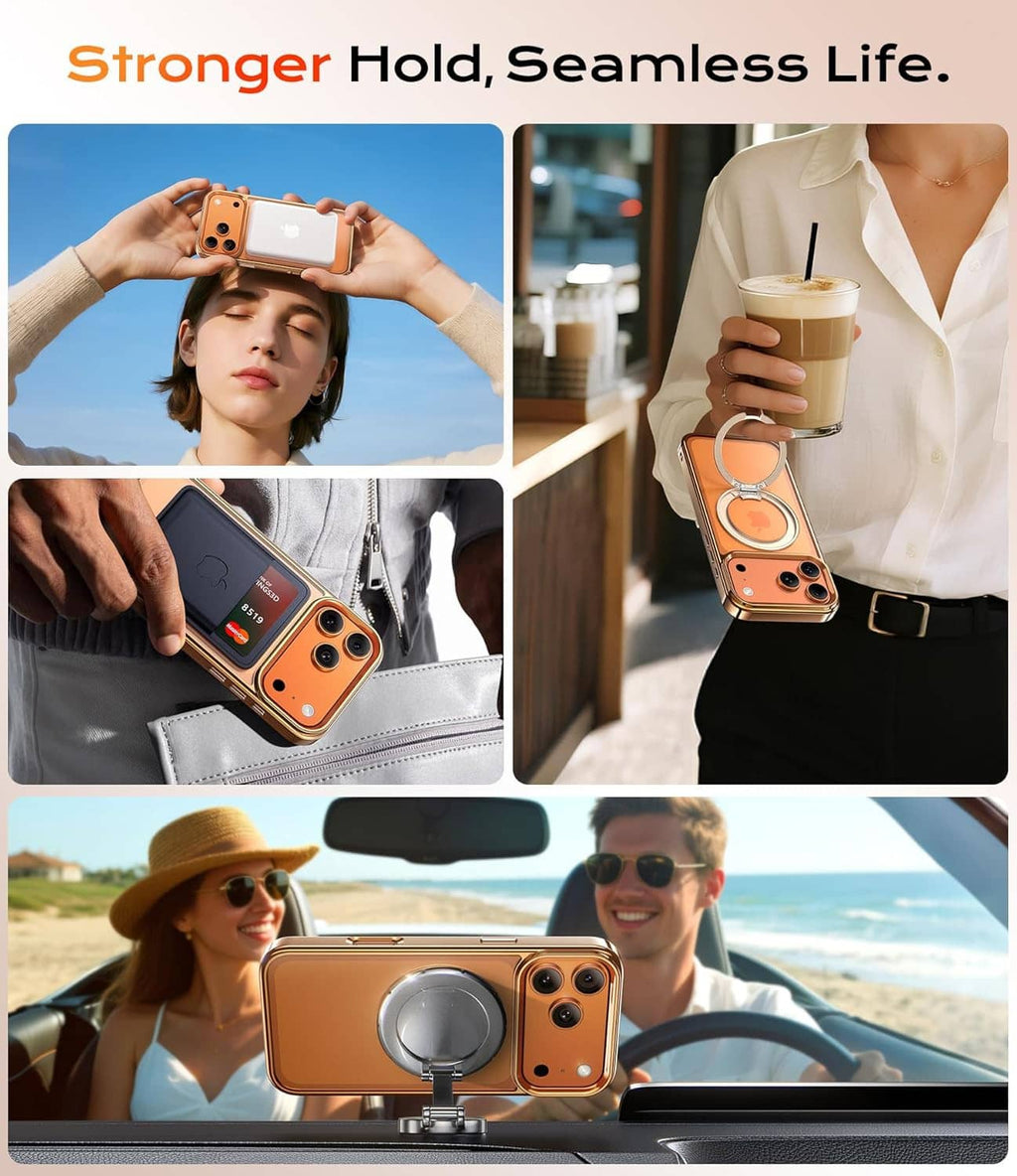 Orange iPhone case with ring stand for grip, visible loop stand on back