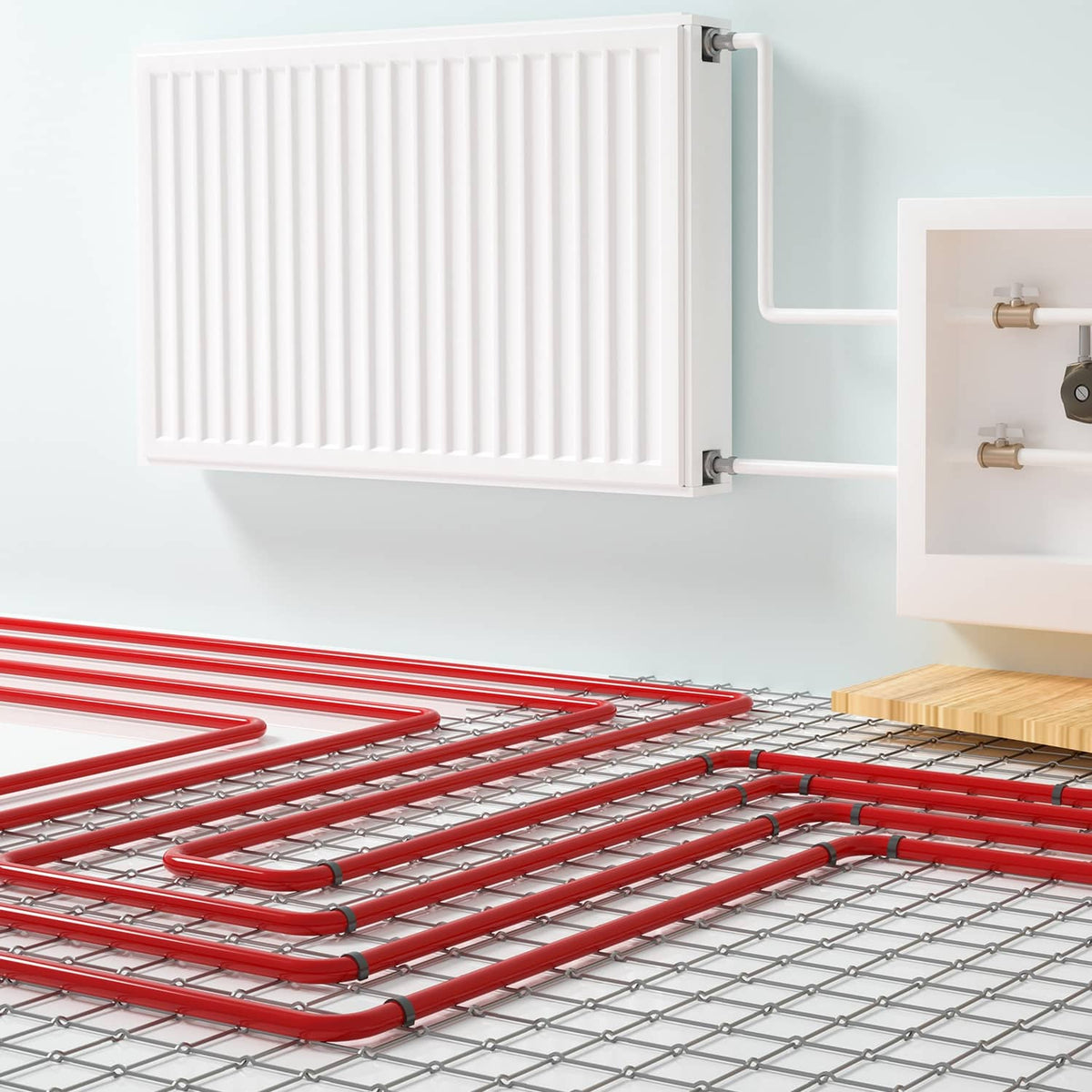 Red PEX-A floor heating tubing network on wire mesh with wall supply connection