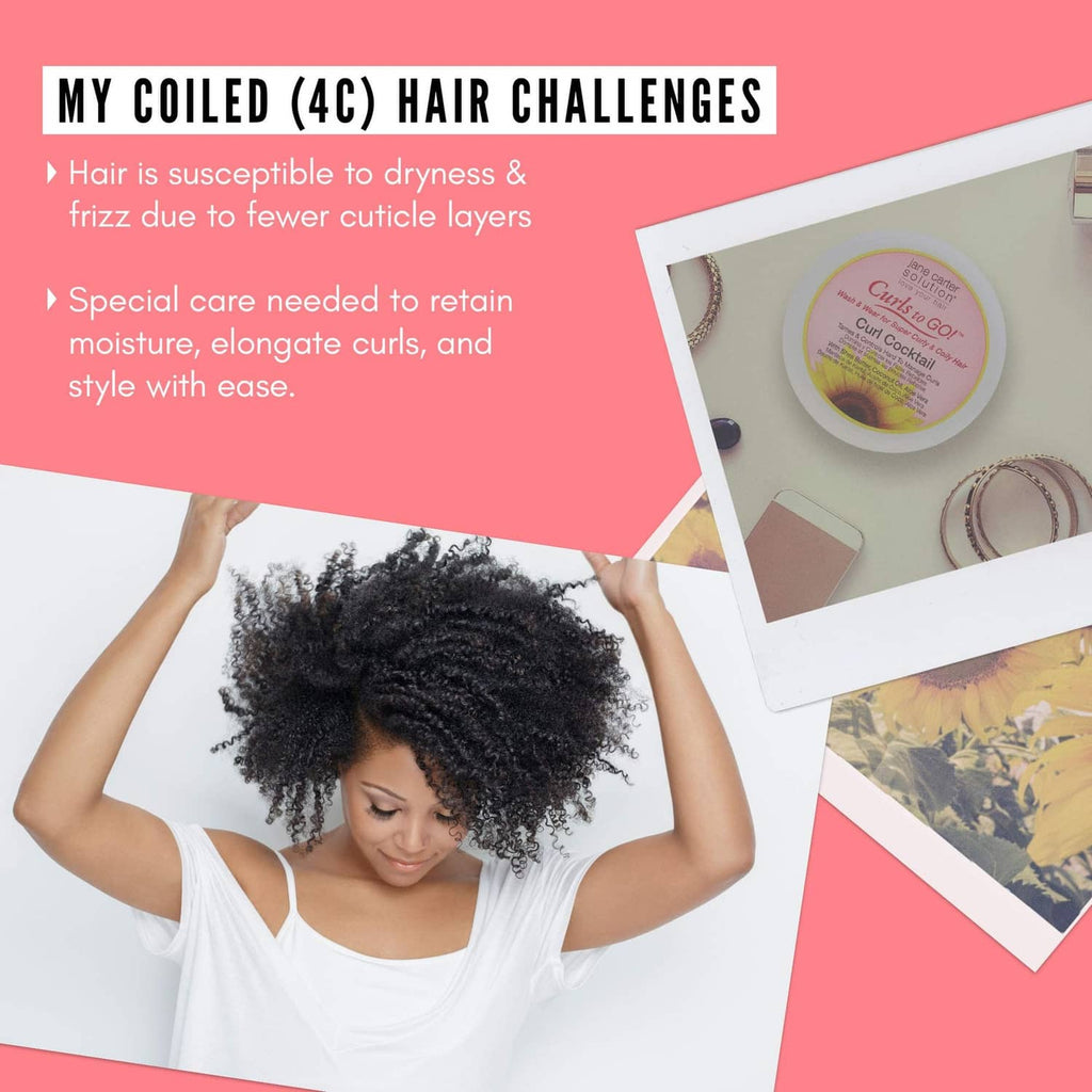 Woman styling voluminous black coiled hair with small cream jar shown