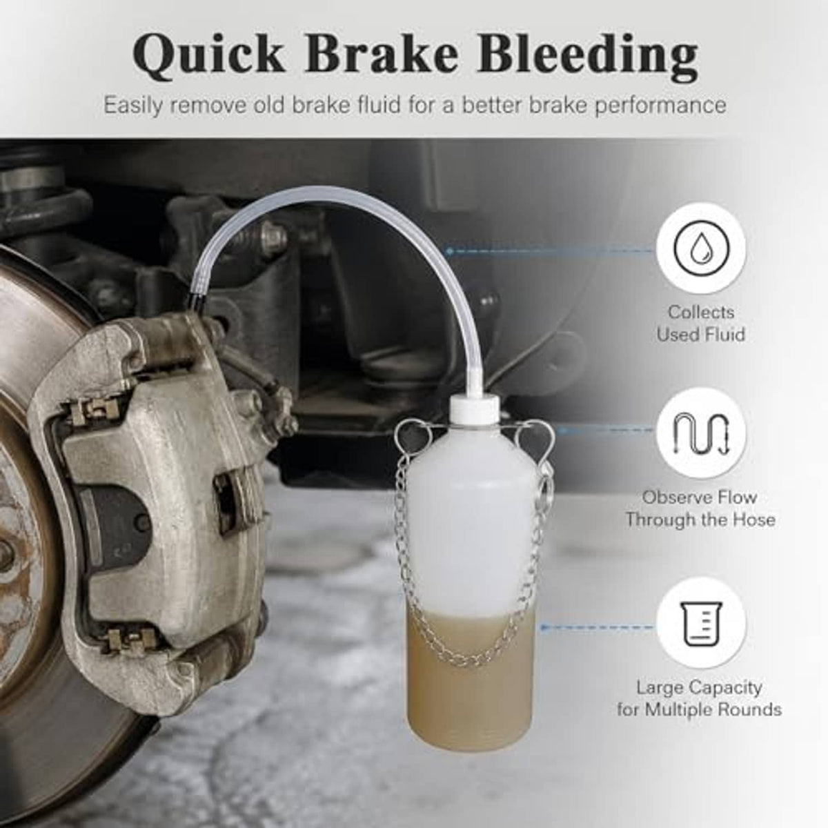 White brake bleeder collection bottle with clear hose connected to brake assembly