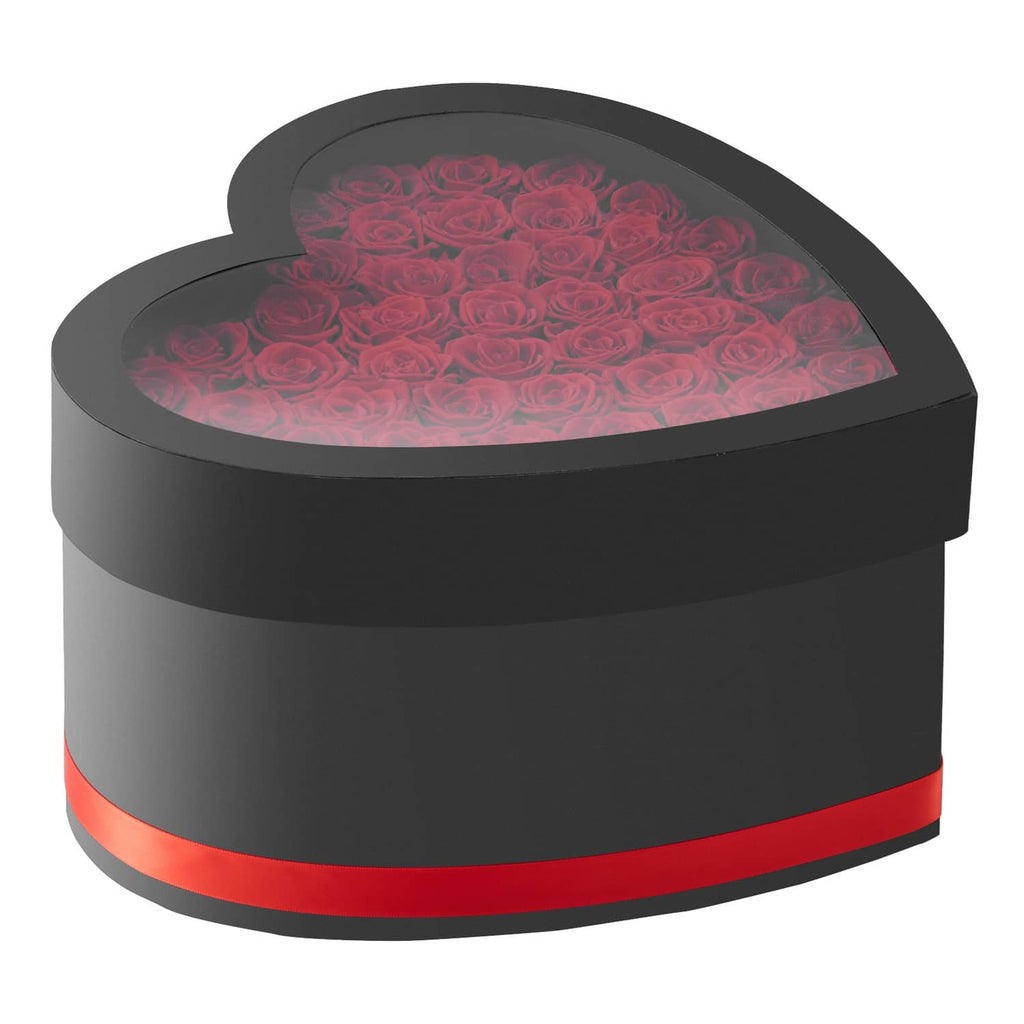 Closed black heart box with red band and rose-filled lid