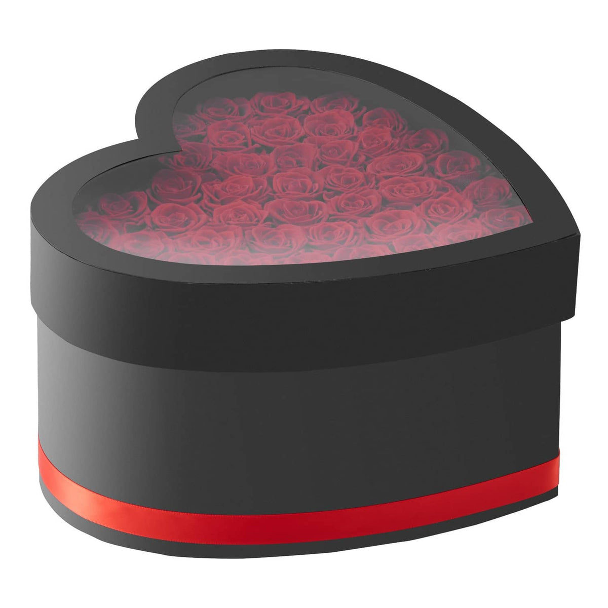 Closed black heart box with red band and rose-filled lid