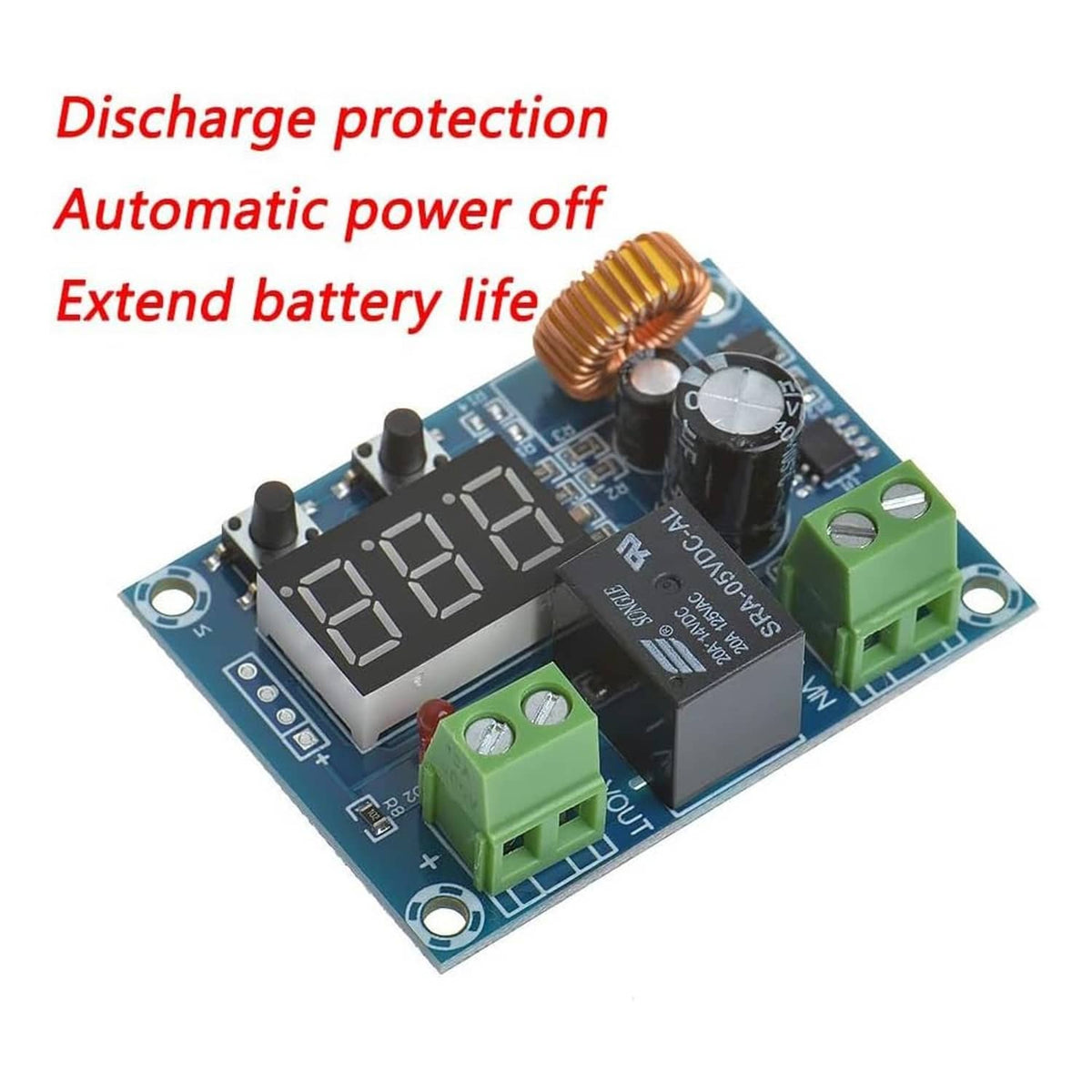 Blue PCB low-voltage disconnect switch module with orange inductor and green screw terminals