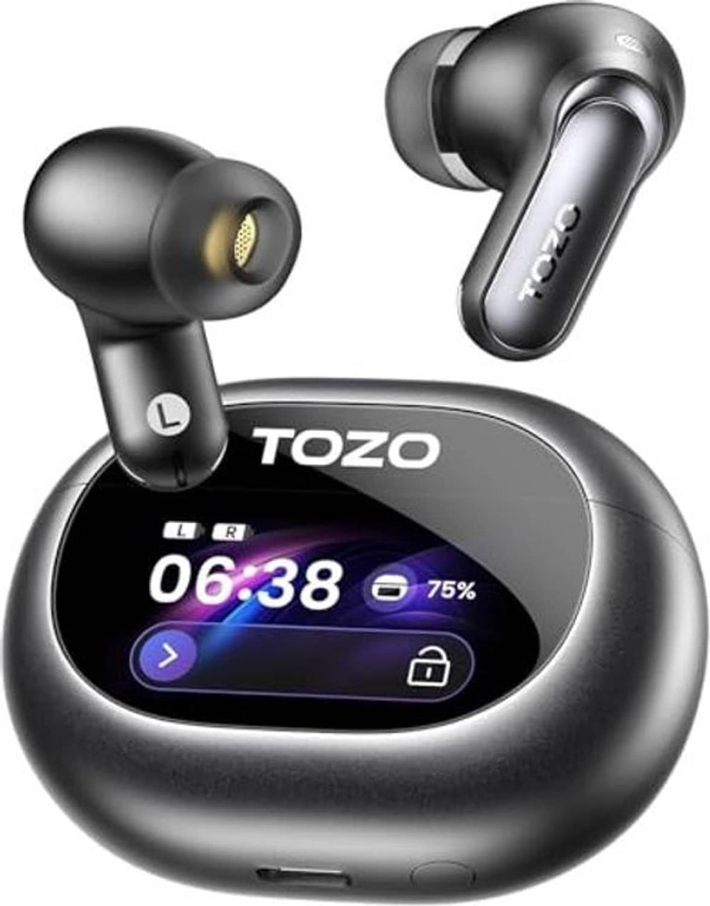 Black wireless earbuds with LCD charging case and earbuds angled in view