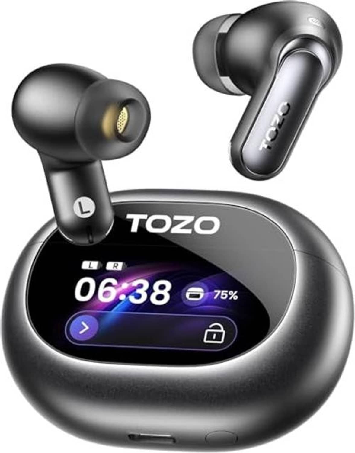 Black wireless earbuds with LCD charging case and earbuds angled in view