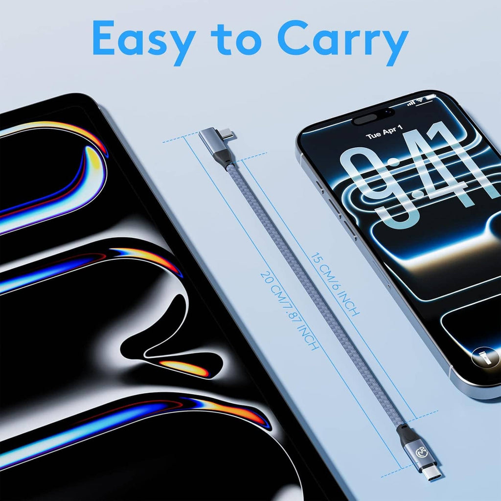 Compact gray braided USB-C right-angle cable for easy carrying