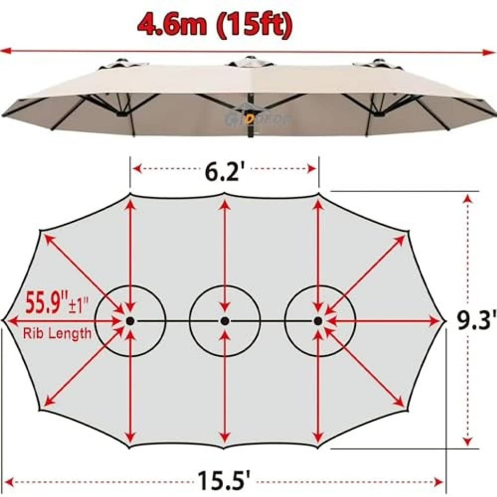 Umbrella replacement canopy size diagram, 15 ft by 9 ft, 12 ribs