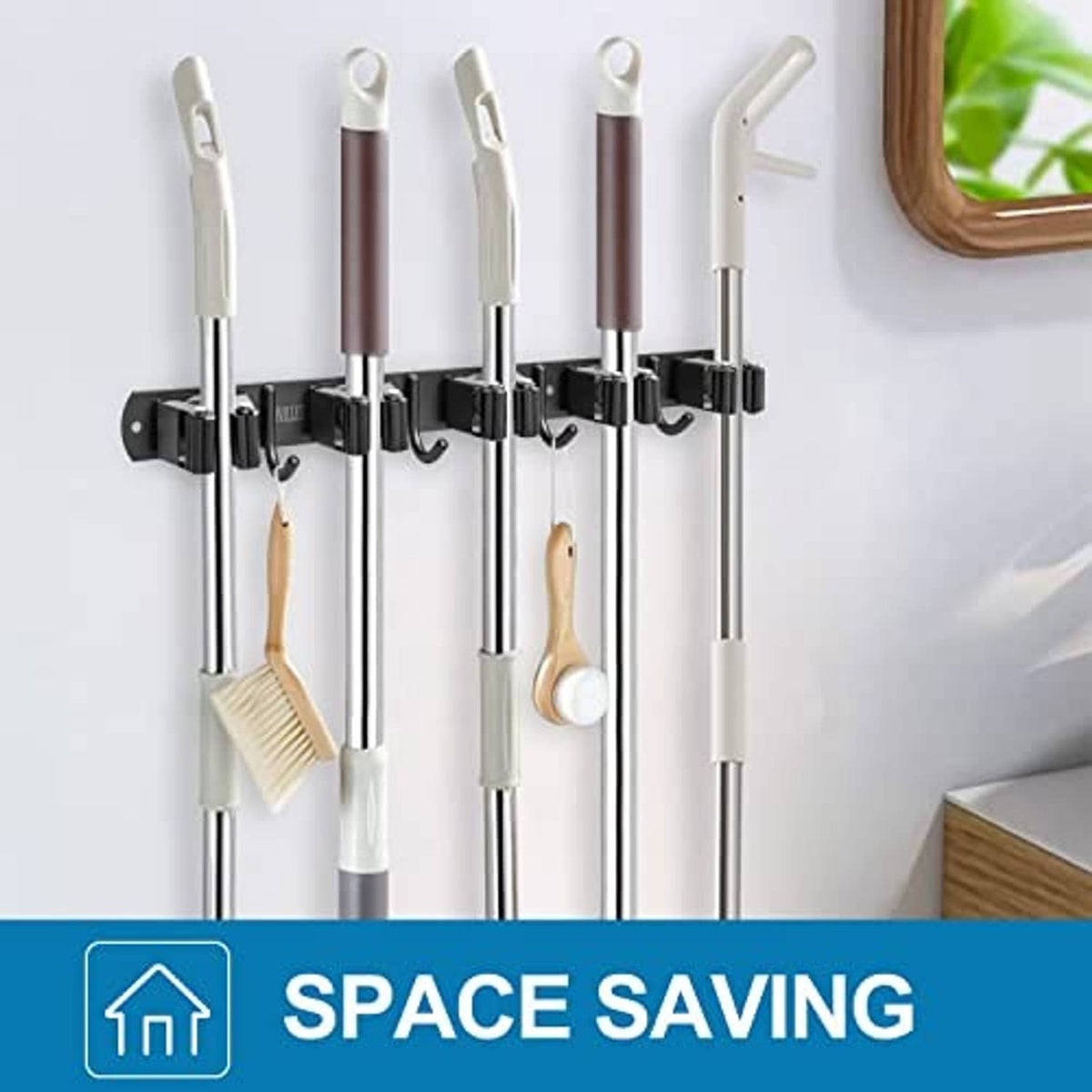 Space-saving broom holder wall mount with black hooks for upright brooms and mops