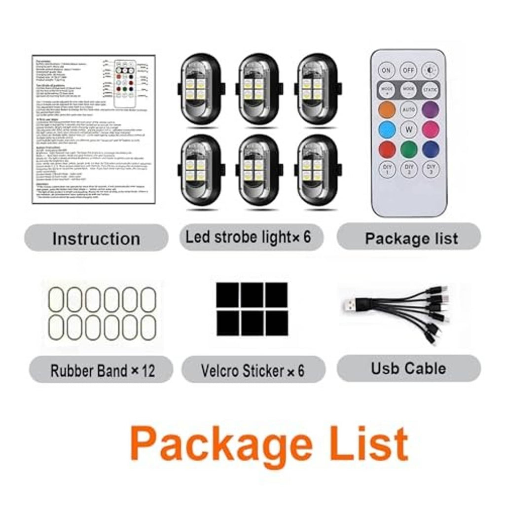 Package contents: 6 LED strobe lights, remote, USB cable, and mounting accessories