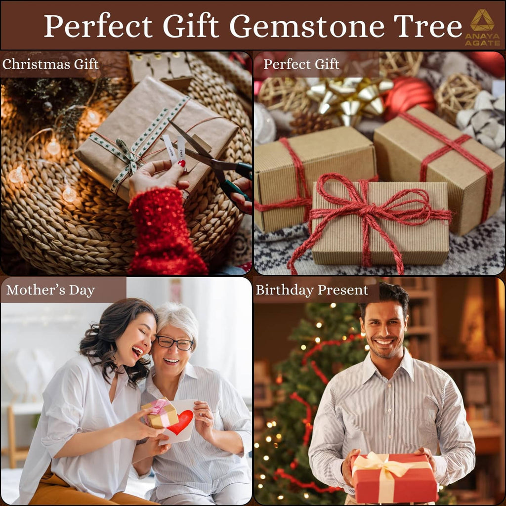 Wrapped gift presents collage for gemstone tree