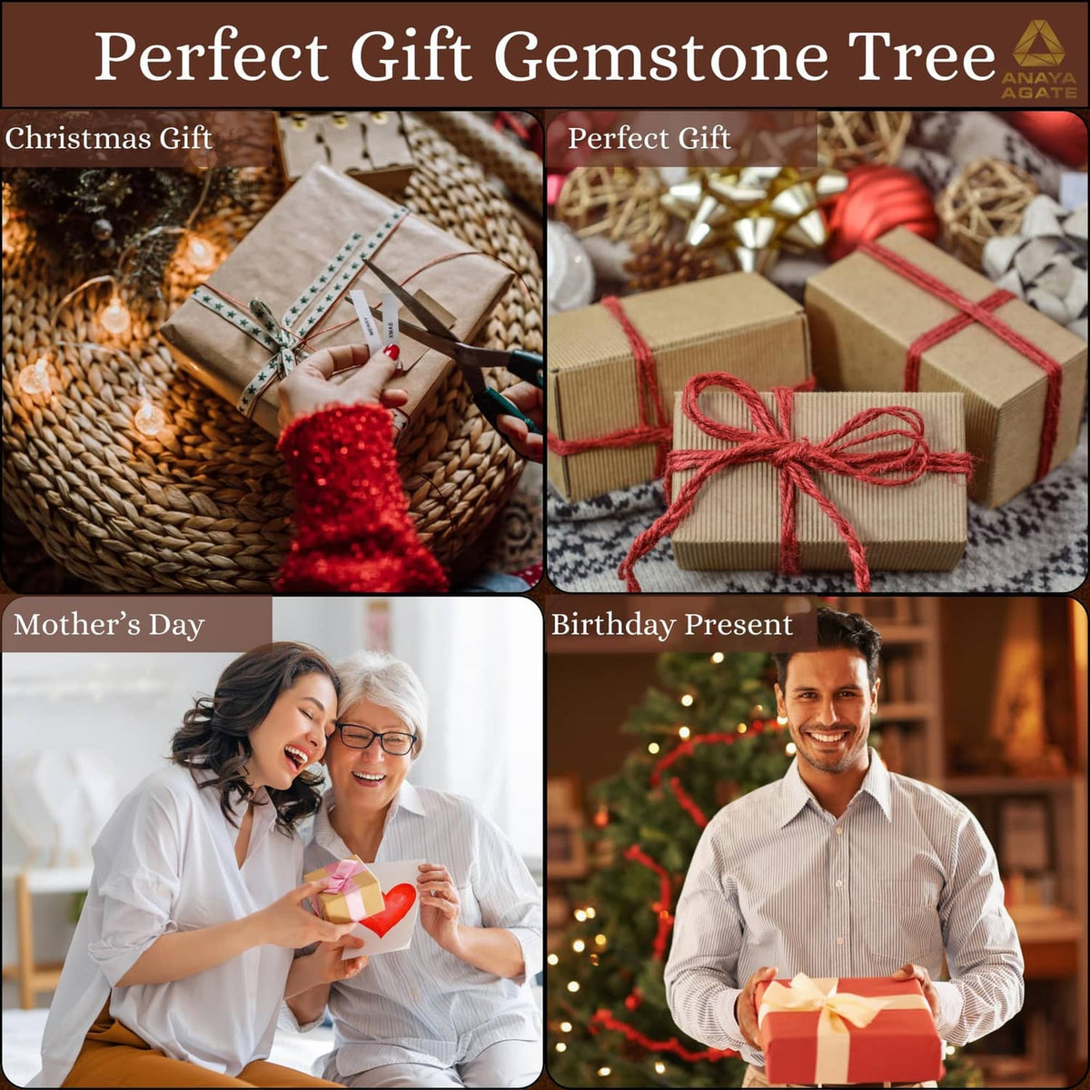 Wrapped gift presents collage for gemstone tree