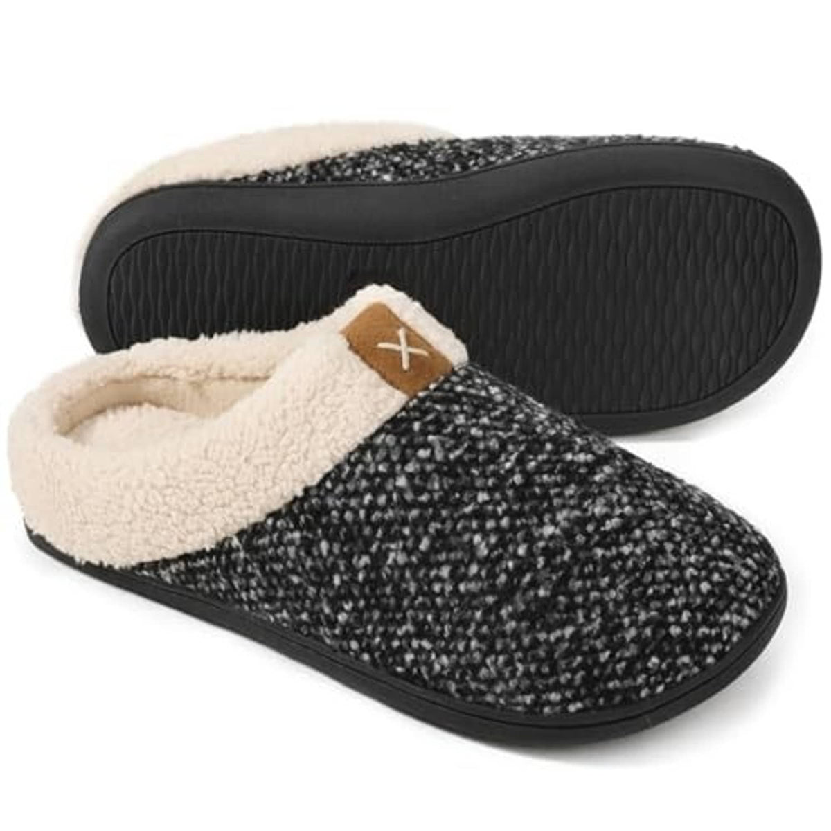 Men's sherpa-lined slip-on slippers, black speckle upper with tan plush cuff and textured sole