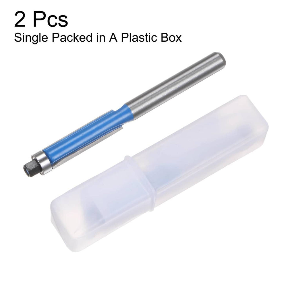 Flush trim router bit set, blue guide with included clear plastic storage box
