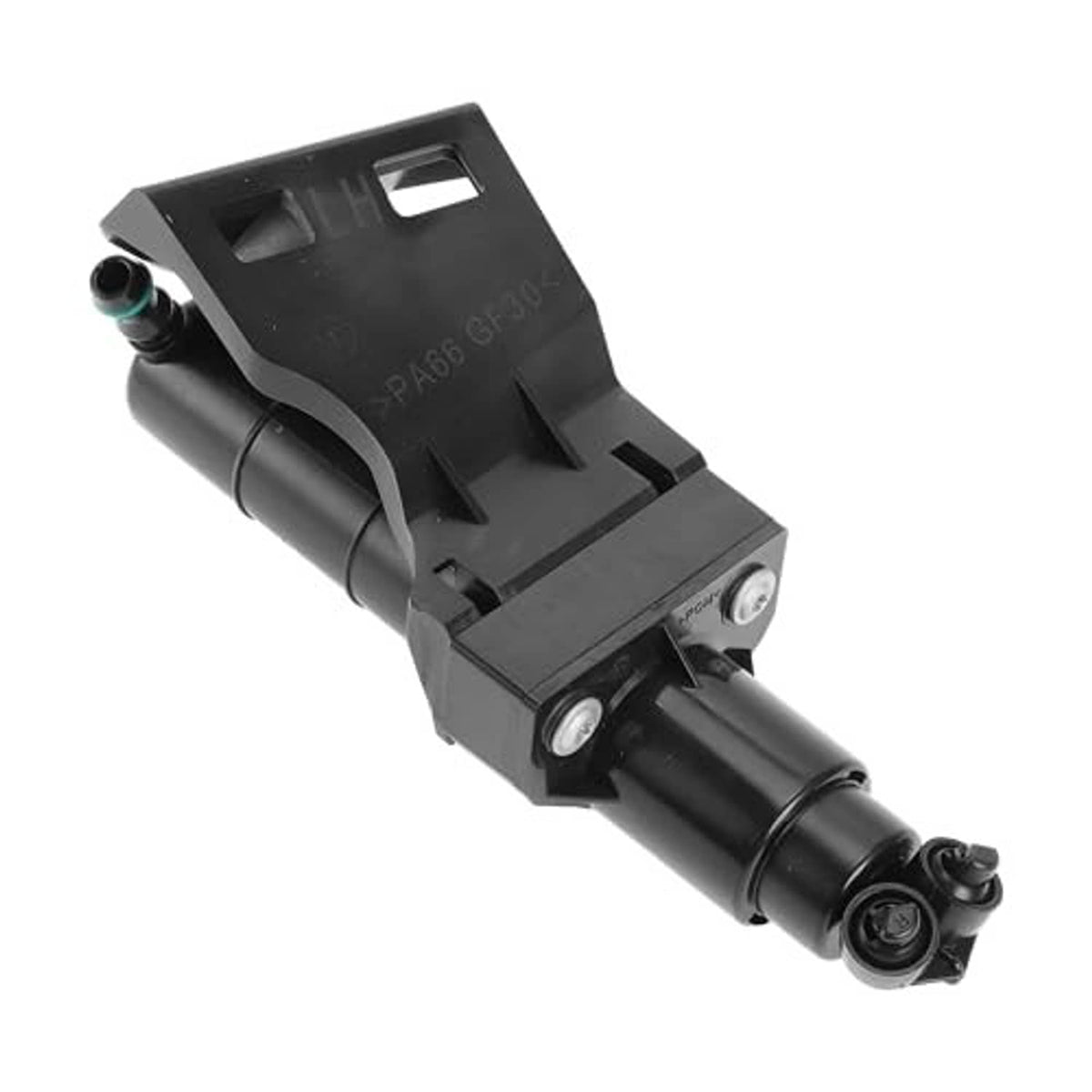 Black headlight washer nozzle jet angled view, with two side mounting holes.