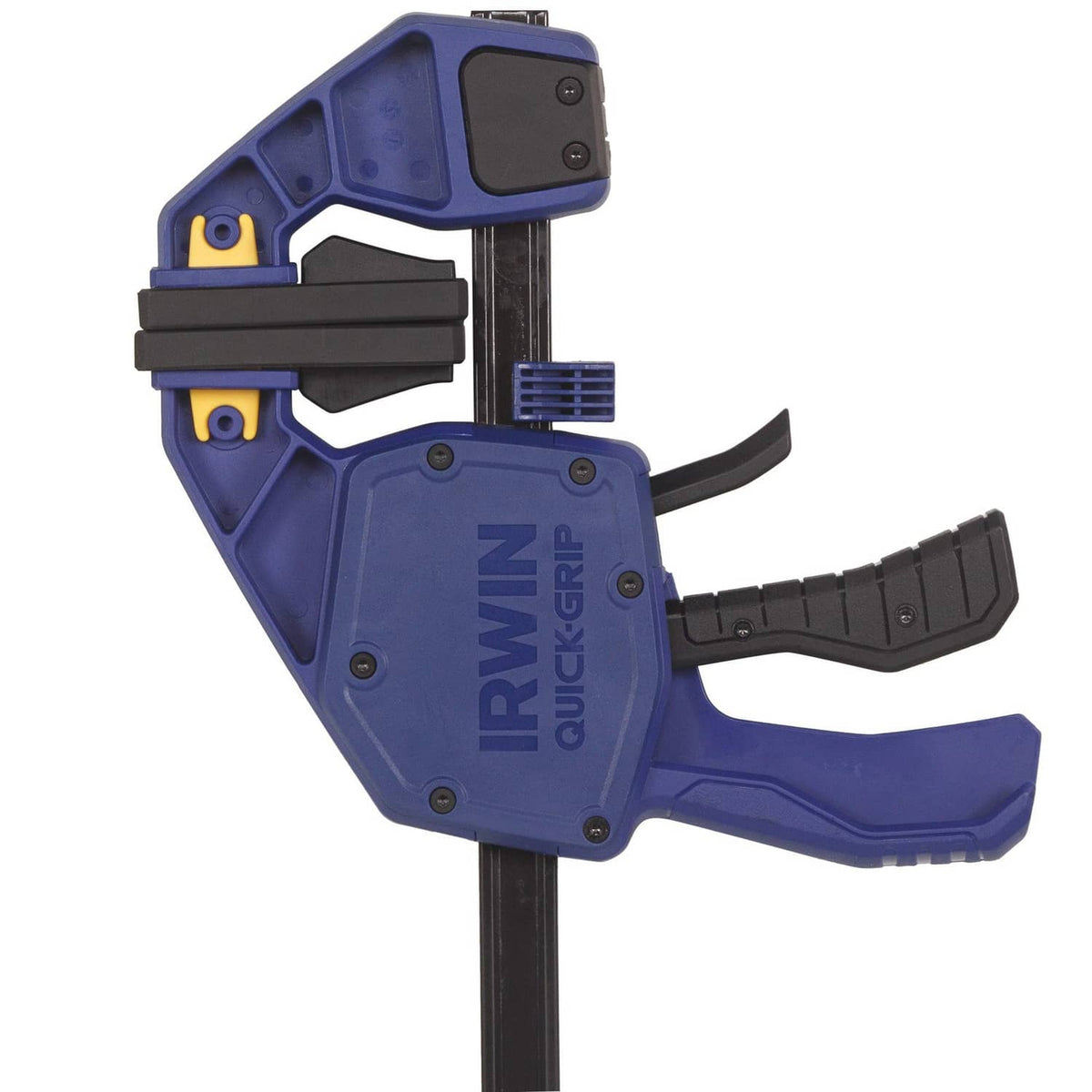 Irwin Quick-Grip one-handed bar clamp head detail with blue body and black rails.