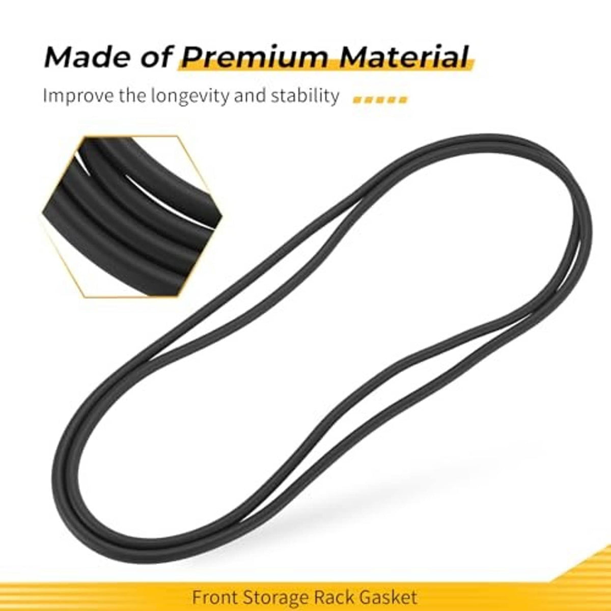 Black rubber front storage rack gasket, long flexible seal coil.