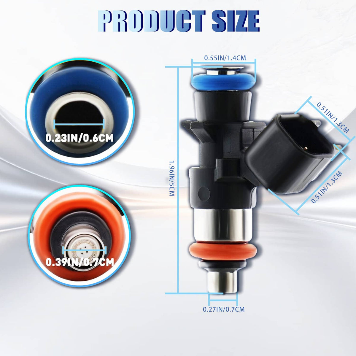 Black fuel injector with blue insulator, orange seal ring, and side electrical connector; size shown
