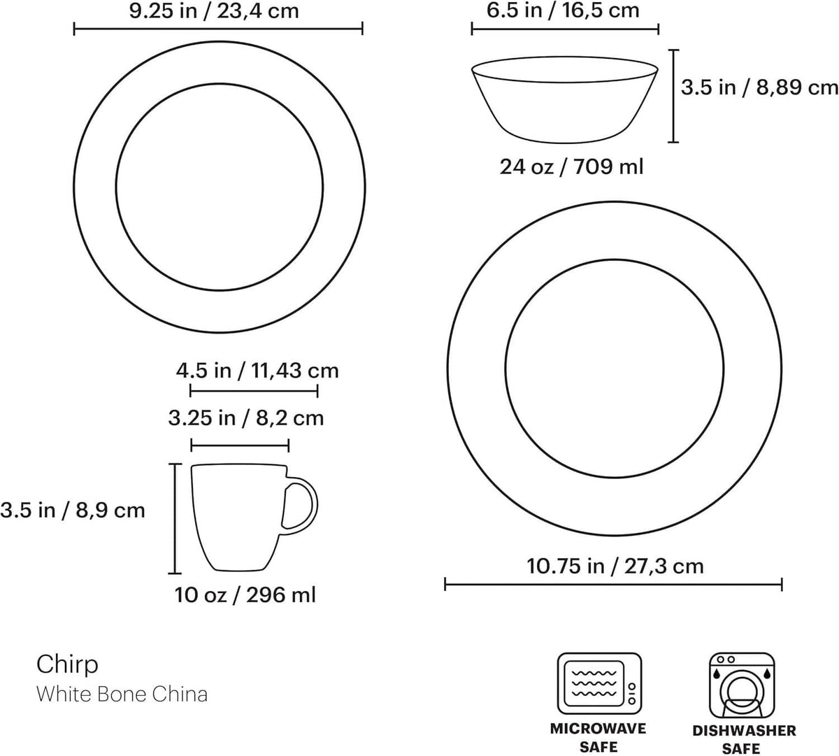 White bird-and-floral ceramic place setting measurement diagram with microwave and dishwasher icons