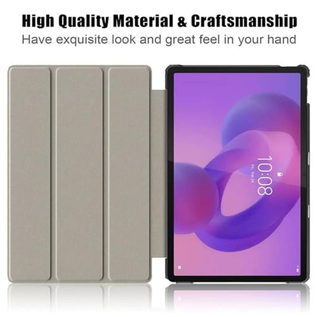 Beige tri-fold tablet case insert with black outer shell and screen-facing cover