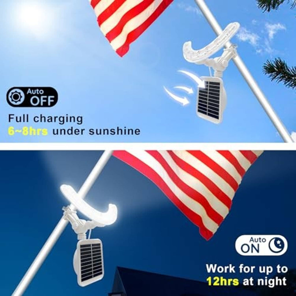 Solar flagpole light with solar panel and curved LED arc beside an American flag