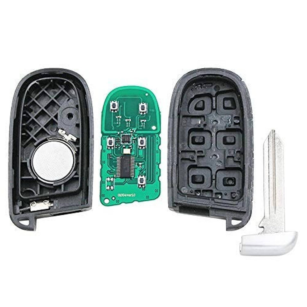 Key fob remote parts set: dark shell, green circuit board, and metal key blade.