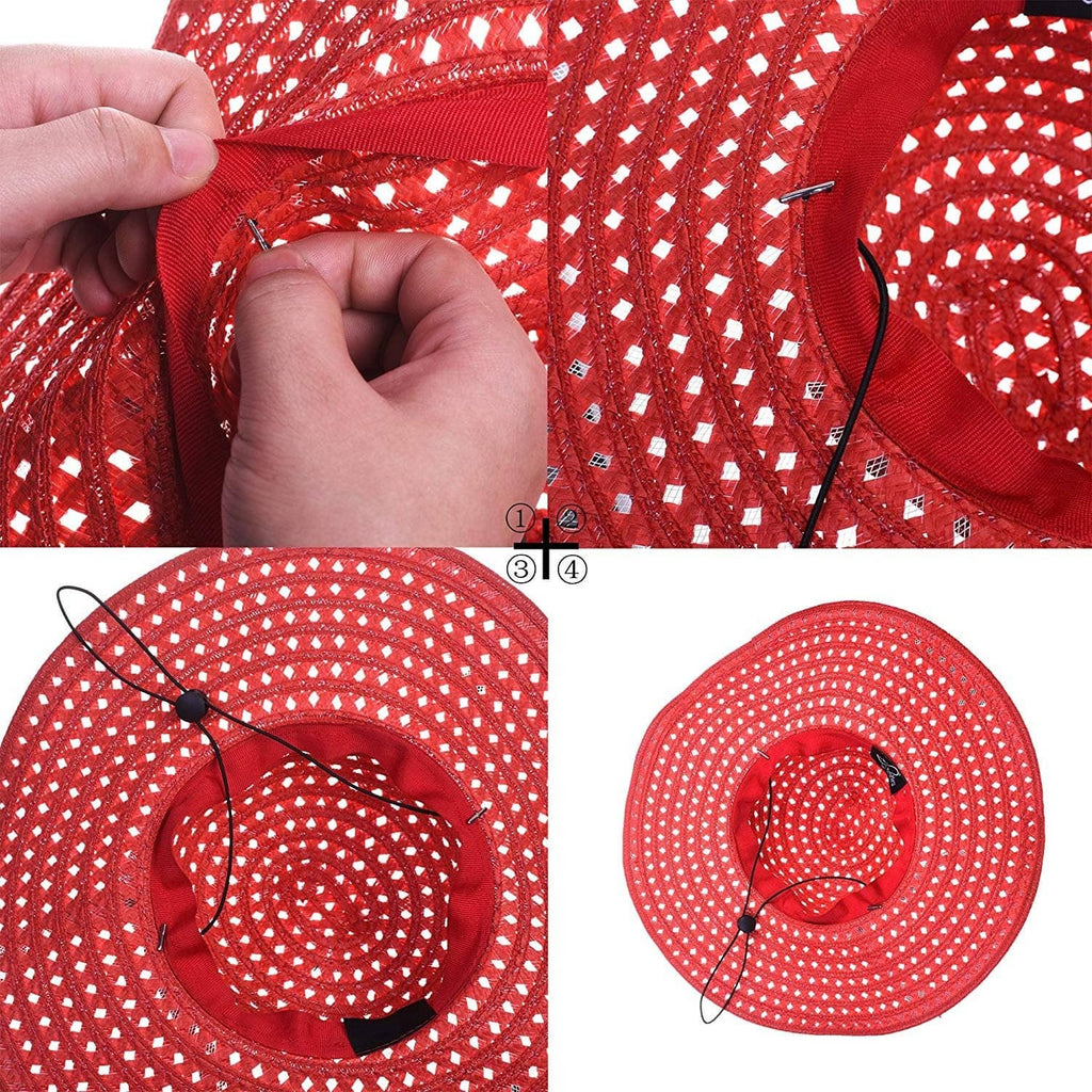 Red hat with white eyelet fabric and black chin strap cords with round ends