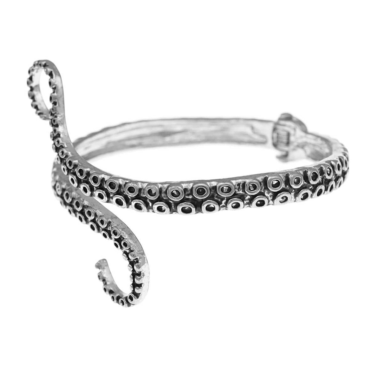 Silver-toned open cuff bracelet with beaded band and curved tentacle ends