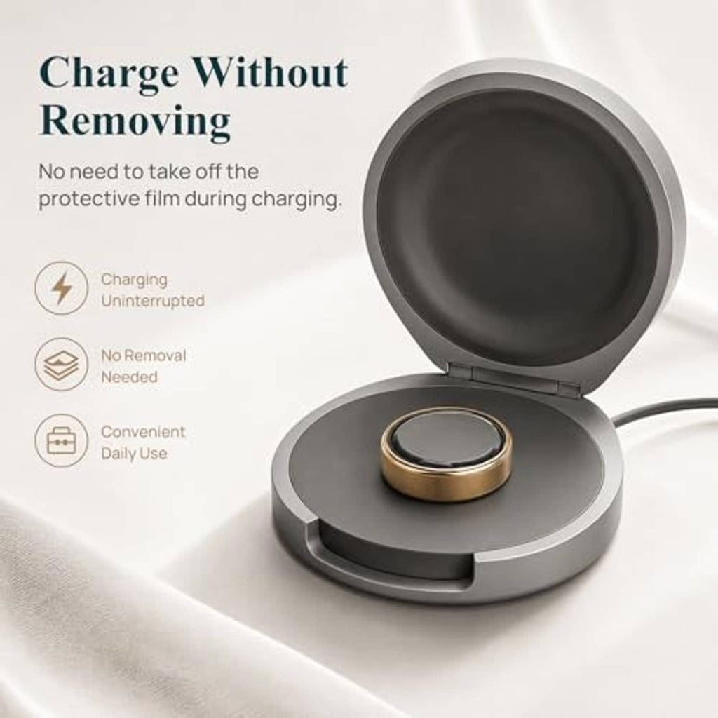 Clear protective film on Oura ring while charging, ring case open