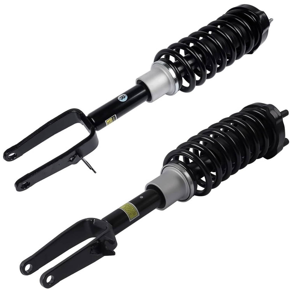 Front shock strut assembly pair, black with silver coil springs and mounting brackets