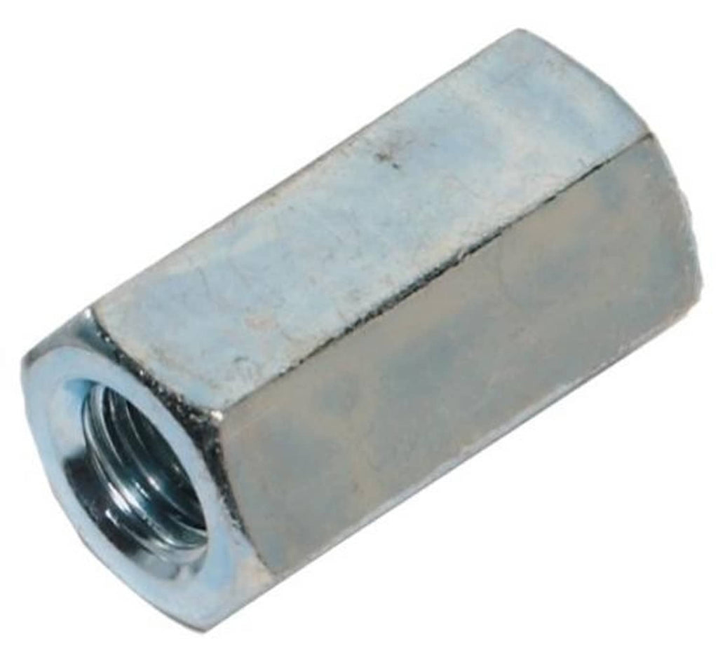 Zinc-plated steel hex coupling nut, angled view, 3/4"-16 fine thread