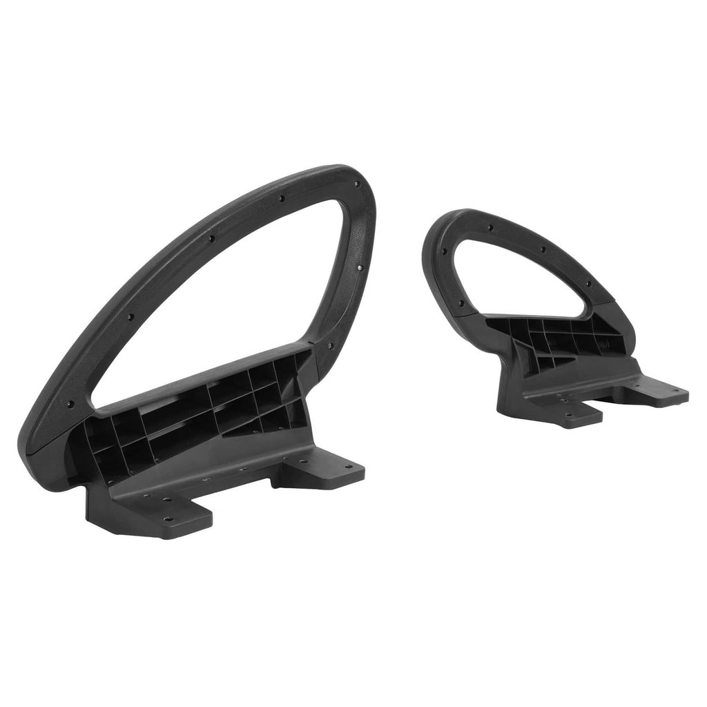 Pair of black hip restraint brackets with curved openings and molded base supports.