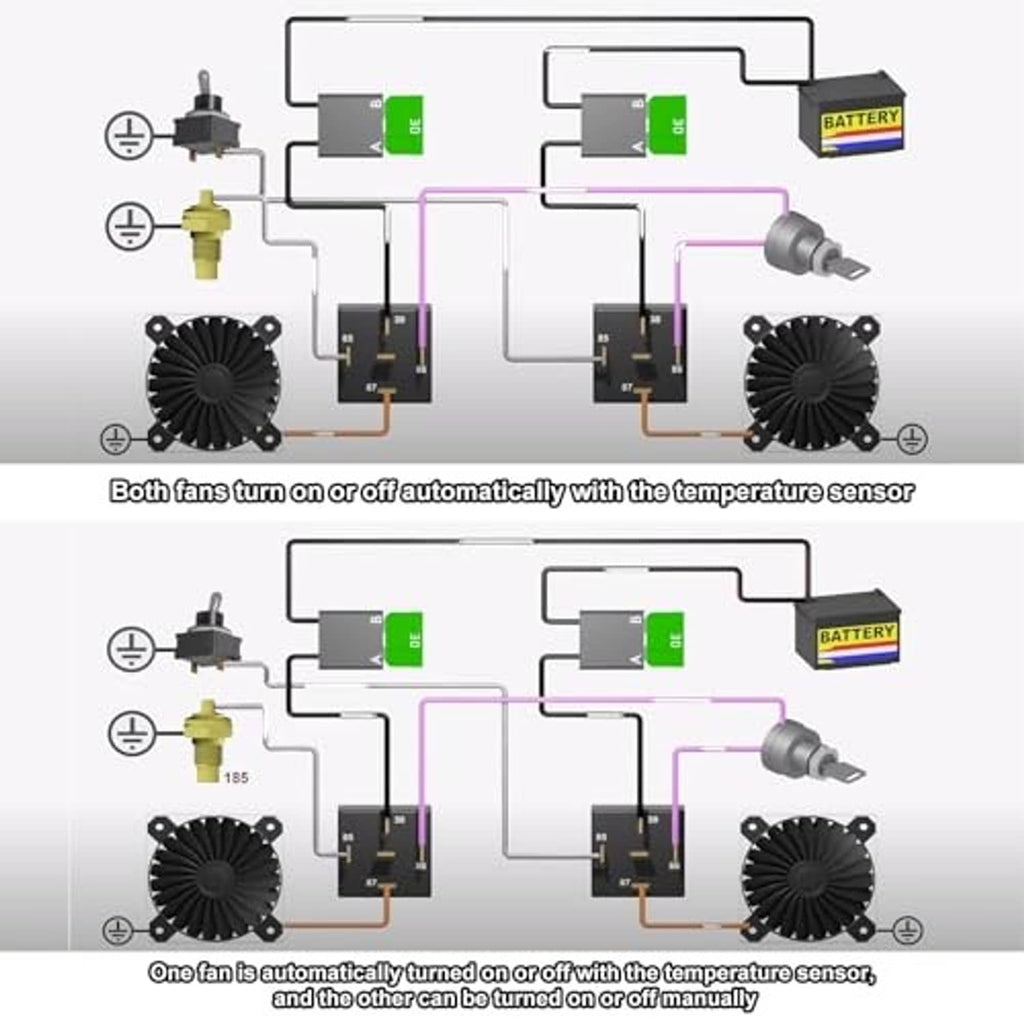 Dual electric fan thermostat relay wiring schematic controlled by temperature sensor