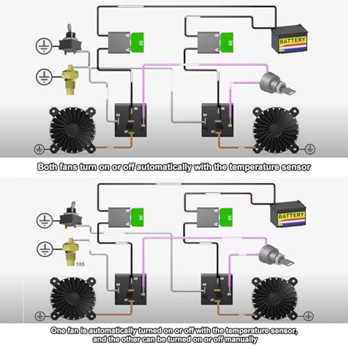 Dual electric fan thermostat relay wiring schematic controlled by temperature sensor