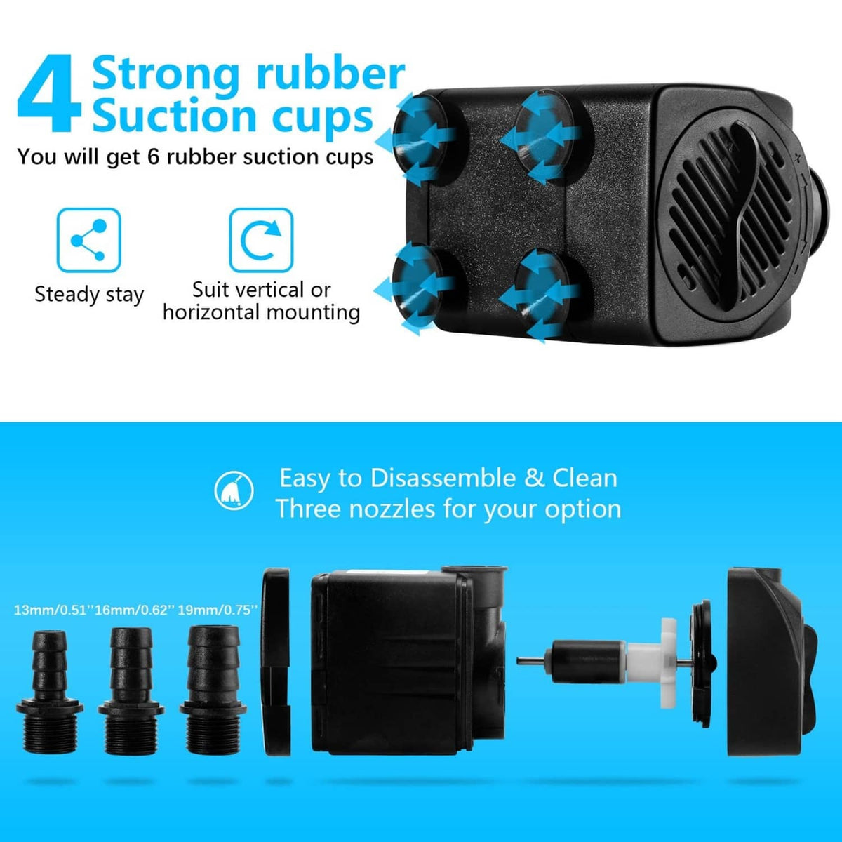 Black submersible pump with multiple rubber suction cups for mounting